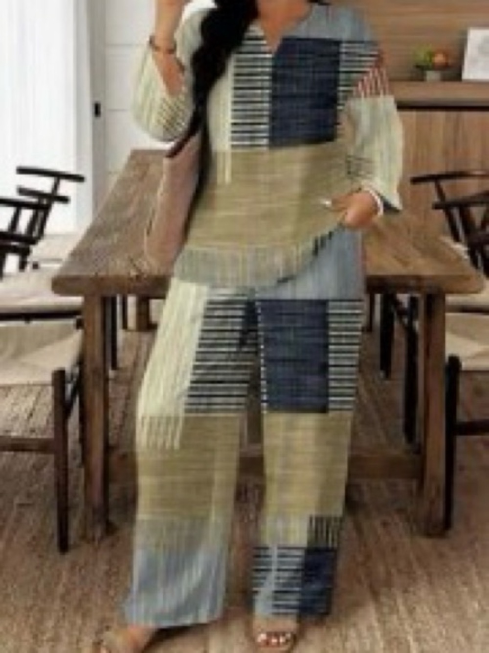 Striped Patchwork Tunic & Pants Set in Navy, Red, Cream